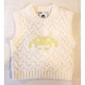 ZARA Women Jacquard Space Invaders Taito Sweater Cream Knit Short Vest - SIZE S